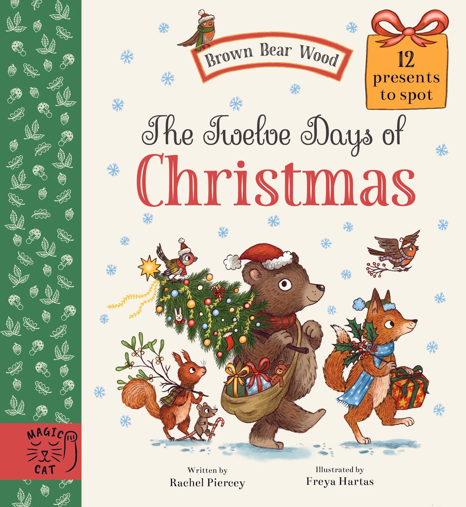 Book cover of 'The Twelve Days of Christmas' by Brown Bear Wood with illustrations of a bear, fox, and other animals with presents.
