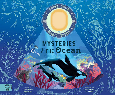 Book cover of 'Mysteries of the Ocean' with underwater illustrations and a magic torch.