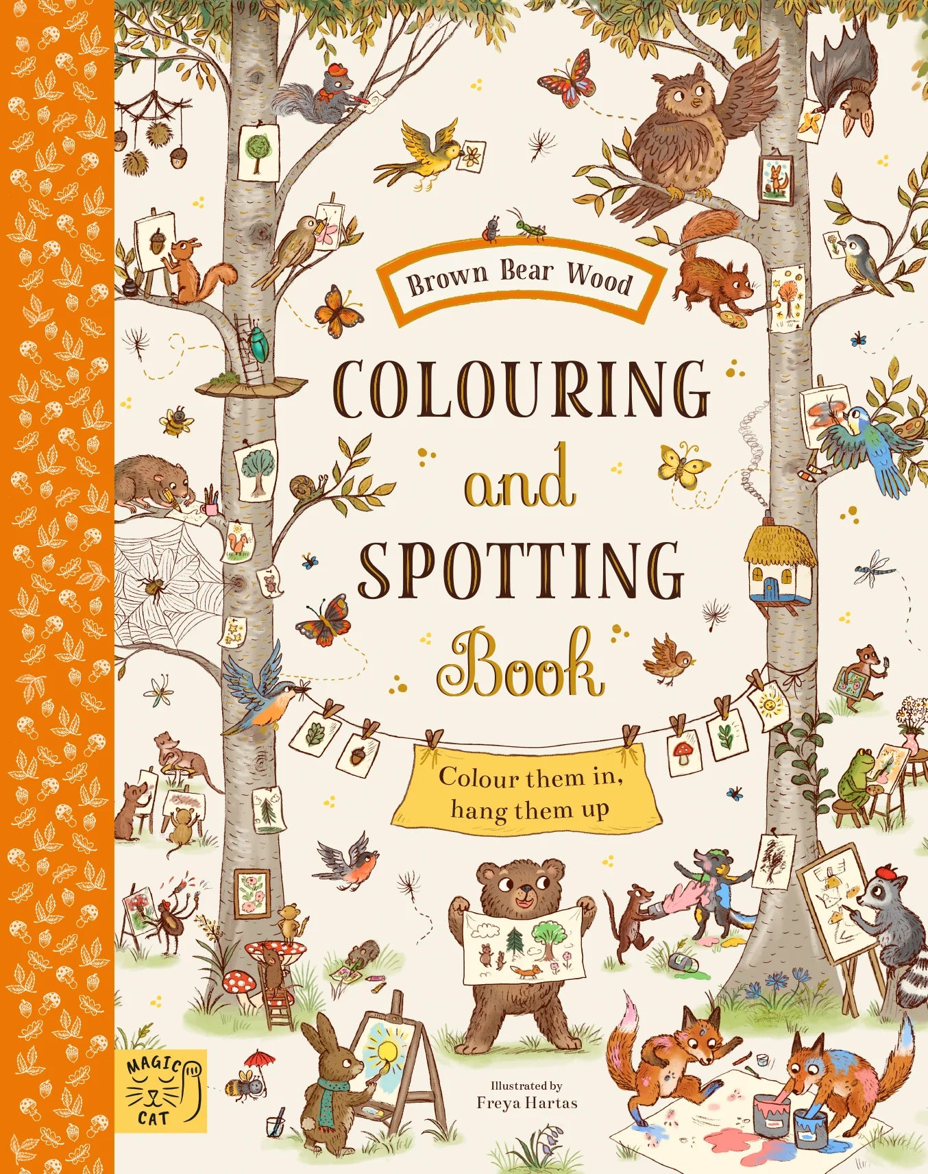 Children's coloring book titled 'Brown Bear Wood Colouring and Spotting Book' with illustrations of animals and activities.