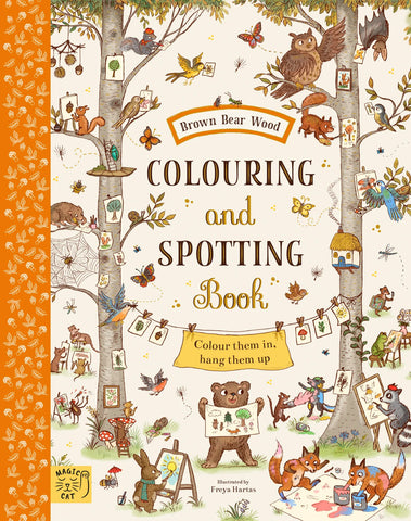 Children's coloring book titled 'Brown Bear Wood Colouring and Spotting Book' with illustrations of animals and activities.