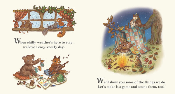 Illustrated book page with animals by a window and around a campfire, featuring text.