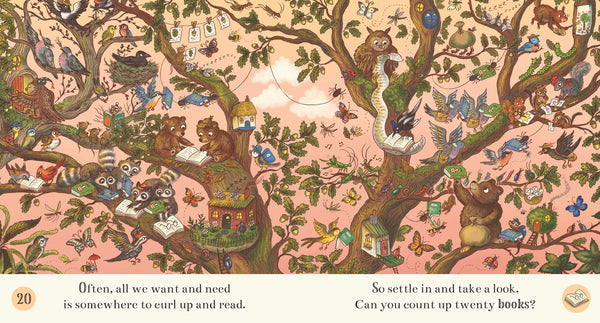 Illustration of a tree with animals reading books against a pink background