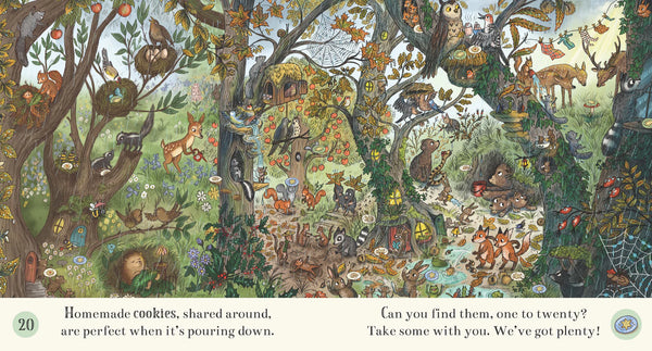 Colourful illustration of a forest scene with animals and text about homemade cookies.