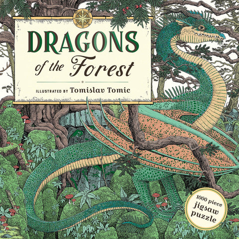 Jigsaw puzzle box featuring dragons in a forest with 'Dragons of the Forest' text and illustration by Tomislav Tomic.