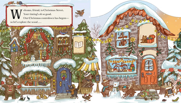 Illustrated Christmas scene with houses, trees, and animals in a snowy village.