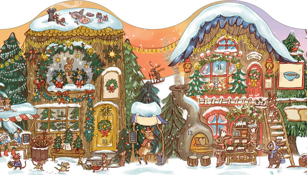 Illustration of a festive village scene with gingerbread house, trees, and people in winter clothing.