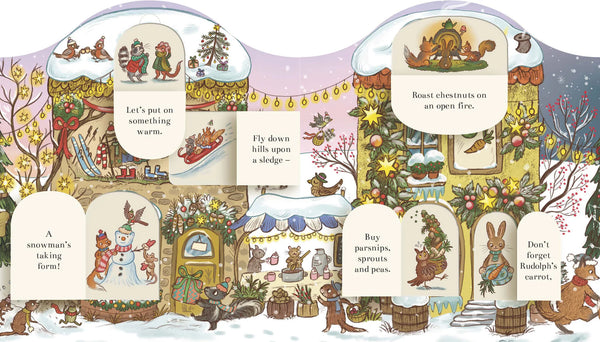 Illustrated winter scene with various activities and text on a snowy landscape.