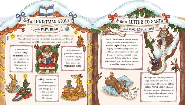 Two Christmas-themed pages with illustrations of Papa Bear and Professor Owl, and text for telling a Christmas story and writing to Santa.