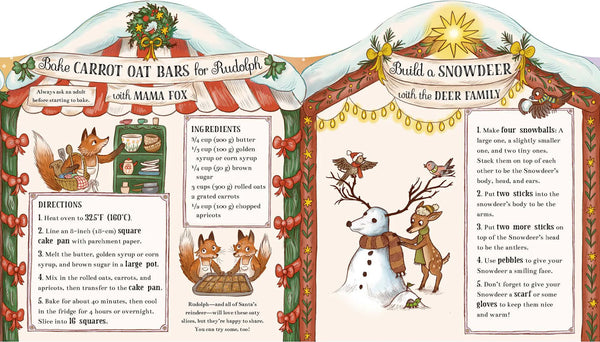 Illustrated recipe card for carrot oat bars and building a snowman with deer family, featuring festive decorations.