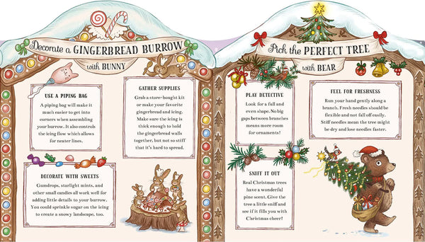 Decorative Christmas-themed activity sheet with instructions for a gingerbread burrow and choosing a perfect tree.