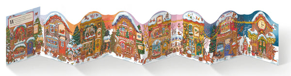 Colourful Christmas village scene with buildings and characters on a white background