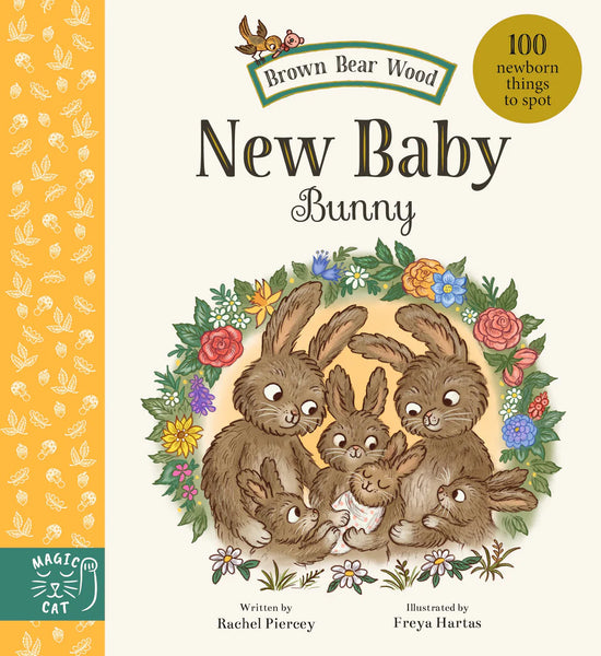 Book cover of 'New Baby Bunny' with illustrations of bunnies and flowers, featuring the Brown Bear Wood series.