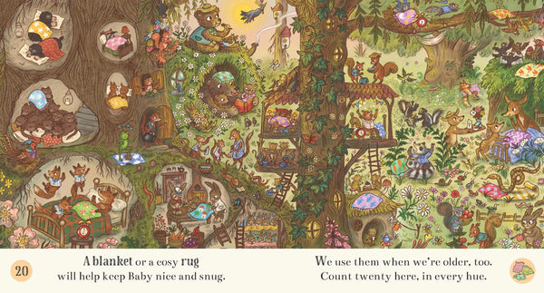 Illustration of a detailed children's book page with various animal characters and treehouses.