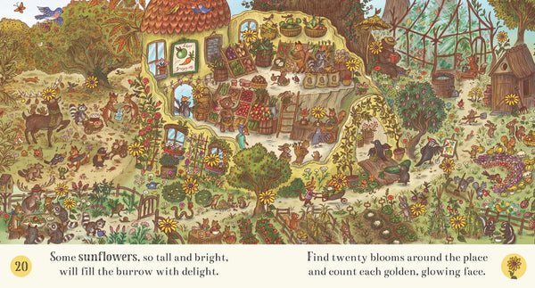 Illustrated garden scene with various elements and text