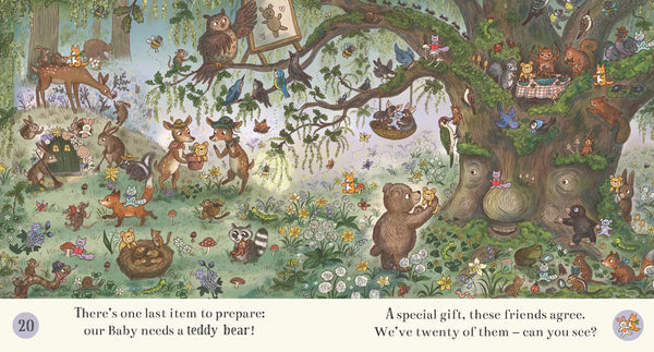 Illustration of a forest scene with animals and a teddy bear, with text at the bottom