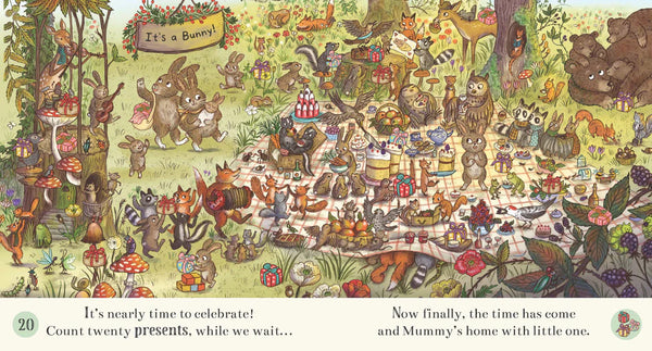 Illustration of various animals gathered around a baby shower picnic blanket with presents and decorations.