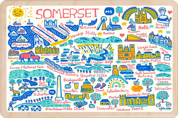 Colourful illustration of Somerset with various landmarks and attractions.
