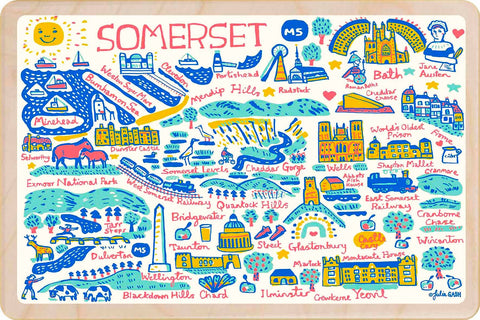 Colourful illustration of Somerset with various landmarks and attractions.