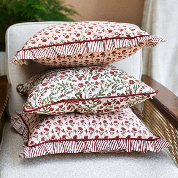 Ruffled Cushion Cover - Scarlet Ditsy Floral Block Printed - Paper Mirchi