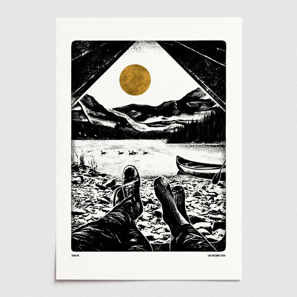 Art print of a people's feet within a tent, framing a view of a lake with mountains and a gold sun, on a white background.