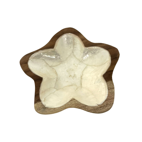 Flower-shaped bowl with a wooden base on a white background