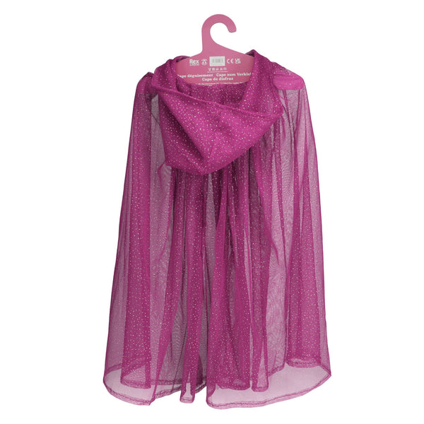 Dark pink children's dressing up cape on a hanger against a white background