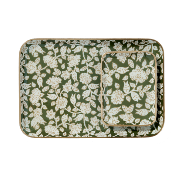 Tiny Green Jaya Bohemian Chic Tray With Enamelled Metal Flowers - Bonheur du Jour