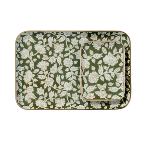 Green Jaya Bohemian Chic Tray With Enamelled Metal Flowers - Bonheur du Jour