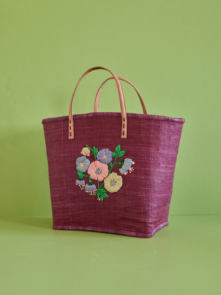 Large Plum Raffia Bag with Floral Embroidery and Leather Handles - Rice DK