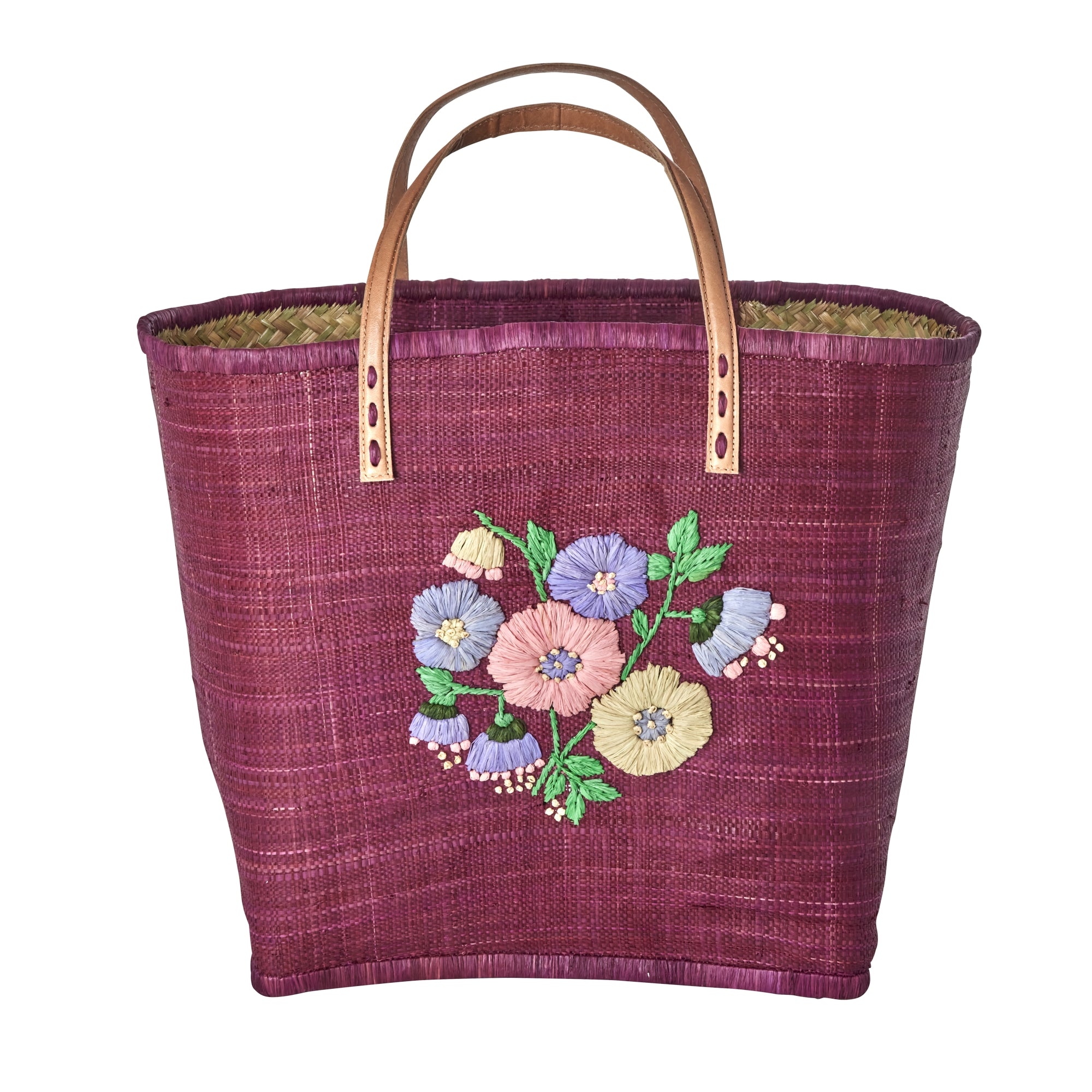 Large Plum Raffia Bag with Floral Embroidery and Leather Handles - Rice DK