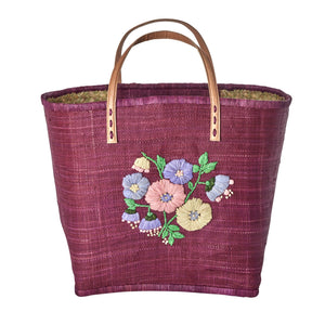 Large Plum Raffia Bag with Floral Embroidery and Leather Handles - Rice DK