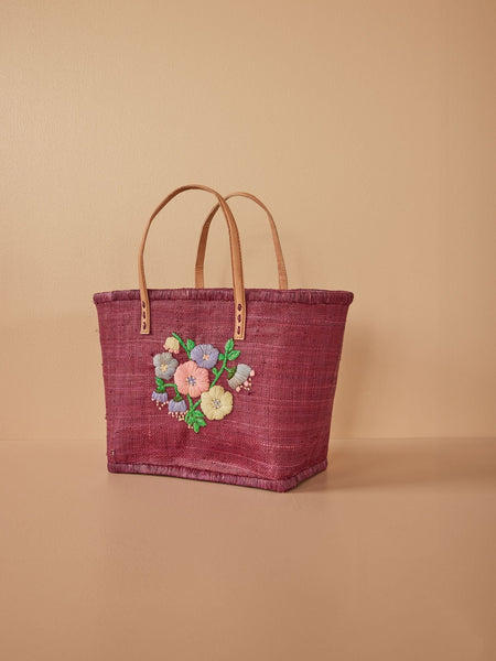 Medium Plum Raffia Bag with Floral Embroidery and Leather Handles - Rice DK