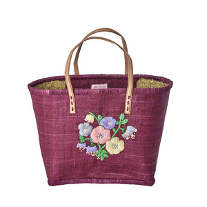 Medium Plum Raffia Bag with Floral Embroidery and Leather Handles - Rice DK