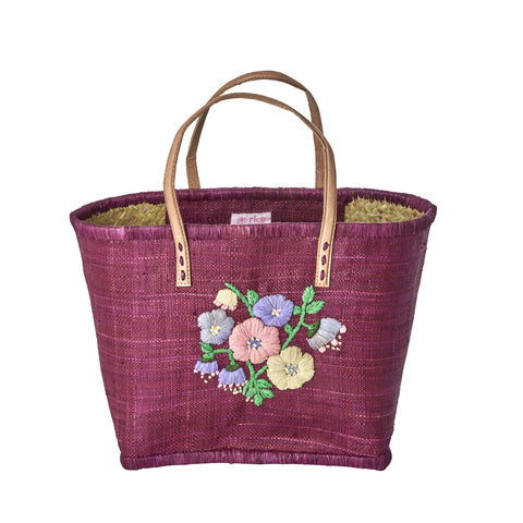 Medium Plum Raffia Bag with Floral Embroidery and Leather Handles - Rice DK