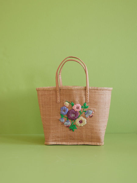 Large Tea Raffia Bag with Floral Embroidery and Leather Handles - Rice DK