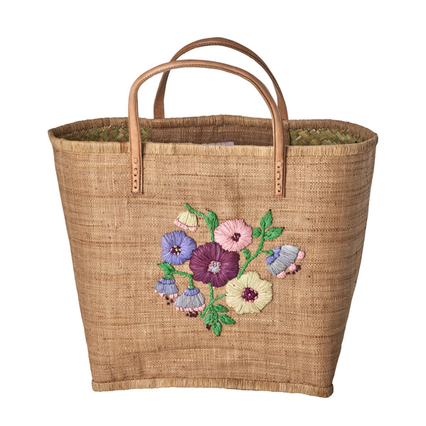 Large Tea Raffia Bag with Floral Embroidery and Leather Handles - Rice DK