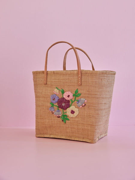 Medium Tea Raffia Bag with Floral Embroidery and Leather Handles - Rice DK