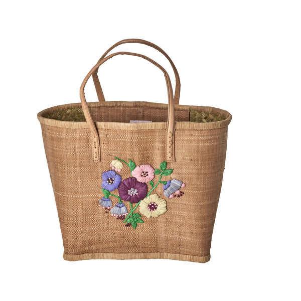 Medium Tea Raffia Bag with Floral Embroidery and Leather Handles - Rice DK