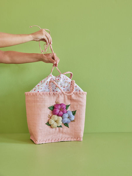 Large Soft Pink Raffia Bag with Floral Embroidery and Raffia Handles - Rice DK