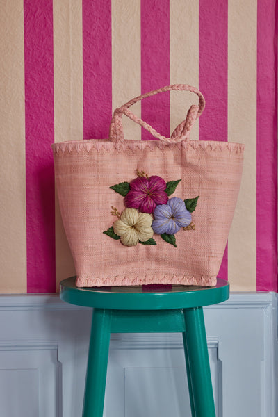 Large Soft Pink Raffia Bag with Floral Embroidery and Raffia Handles - Rice DK