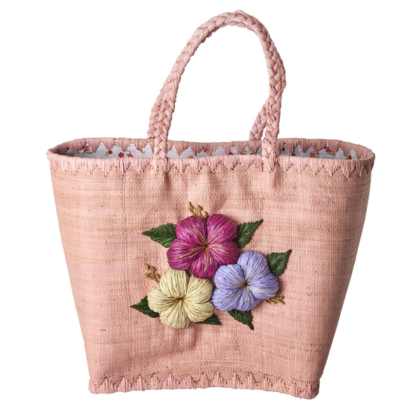 Large Soft Pink Raffia Bag with Floral Embroidery and Raffia Handles - Rice DK