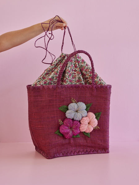 Large Soft Plum Raffia Bag with Floral Embroidery and Raffia Handles - Rice DK