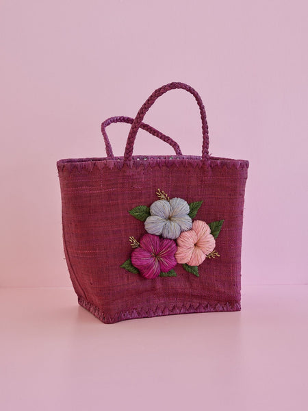 Large Soft Plum Raffia Bag with Floral Embroidery and Raffia Handles - Rice DK