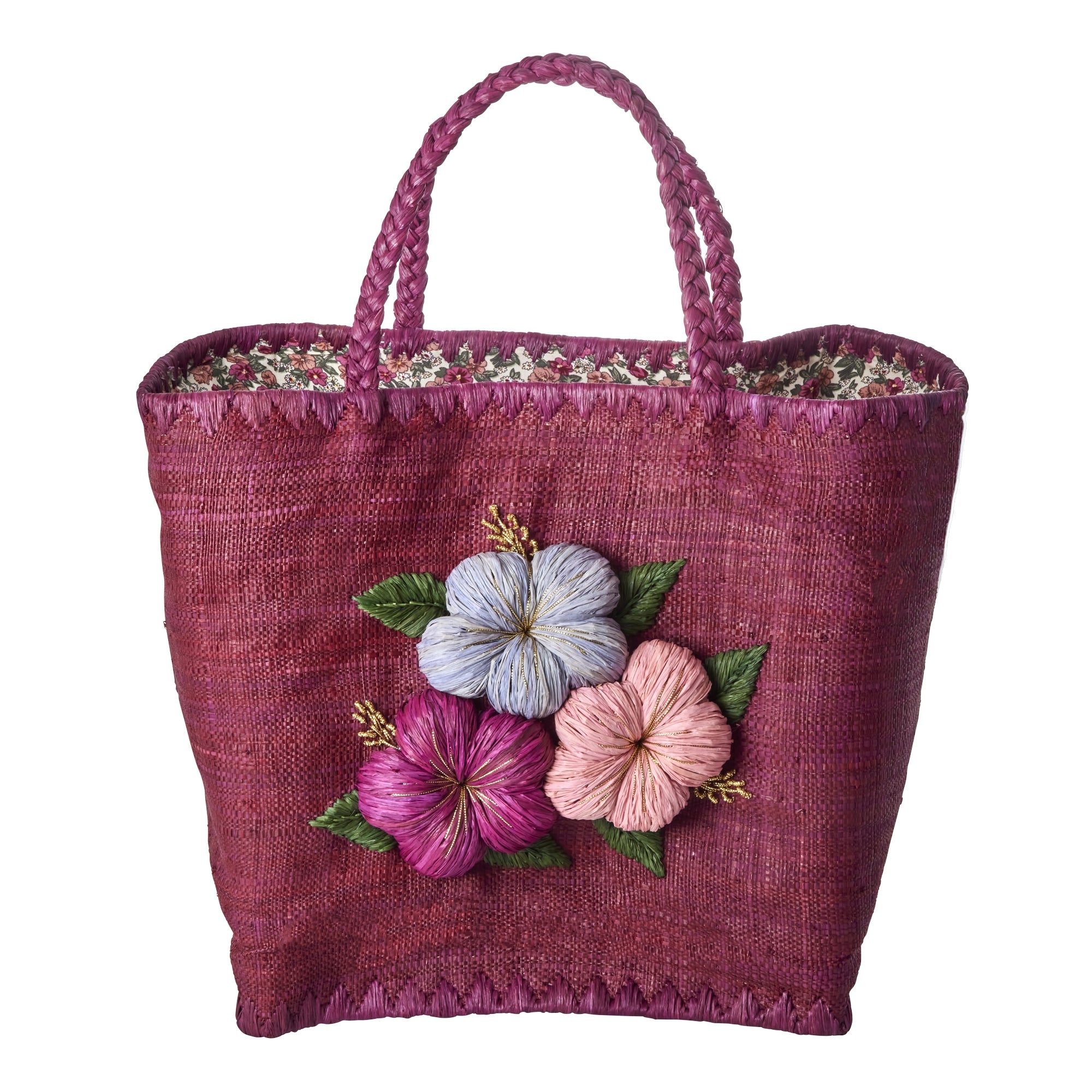 Large Soft Plum Raffia Bag with Floral Embroidery and Raffia Handles - Rice DK