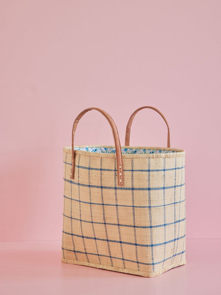 Large Blue Checker Natural Raffia Bag and Leather Handles - Rice DK