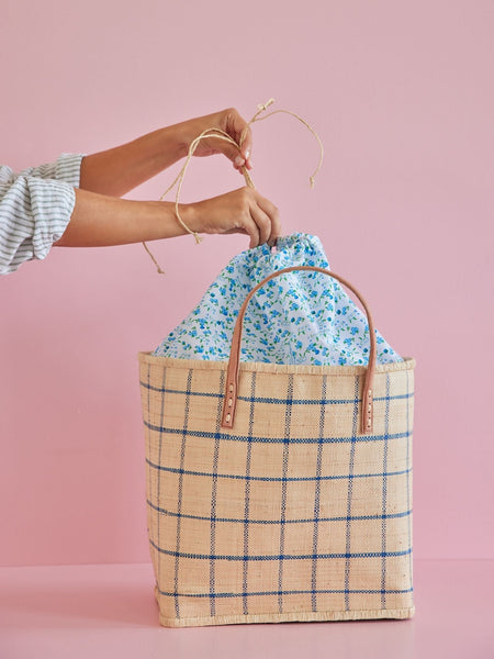 Large Blue Checker Natural Raffia Bag and Leather Handles - Rice DK