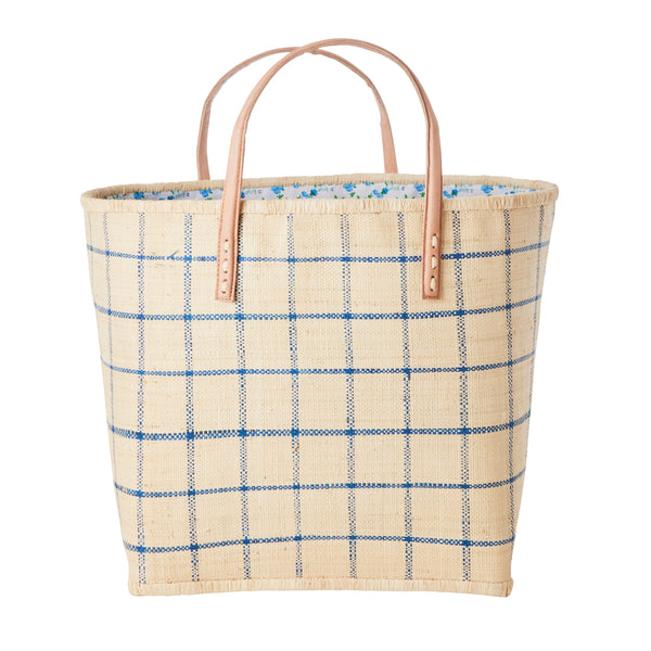 Large Blue Checker Natural Raffia Bag and Leather Handles - Rice DK