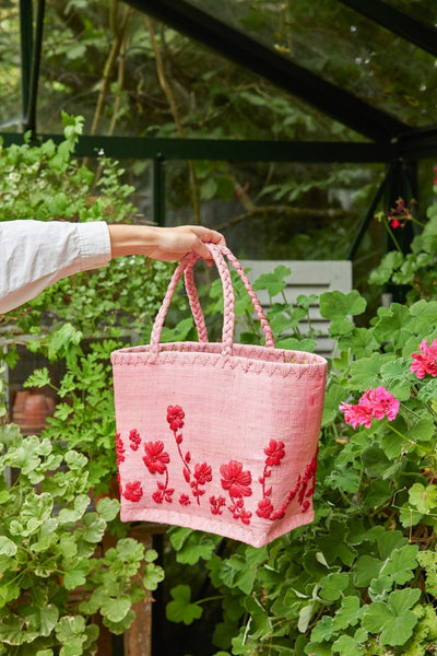 Small Pink Raffia Bag with Red Flowers and Raffia Handles - Rice DK