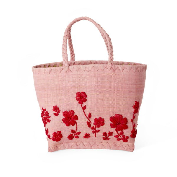 Small Pink Raffia Bag with Red Flowers and Raffia Handles - Rice DK