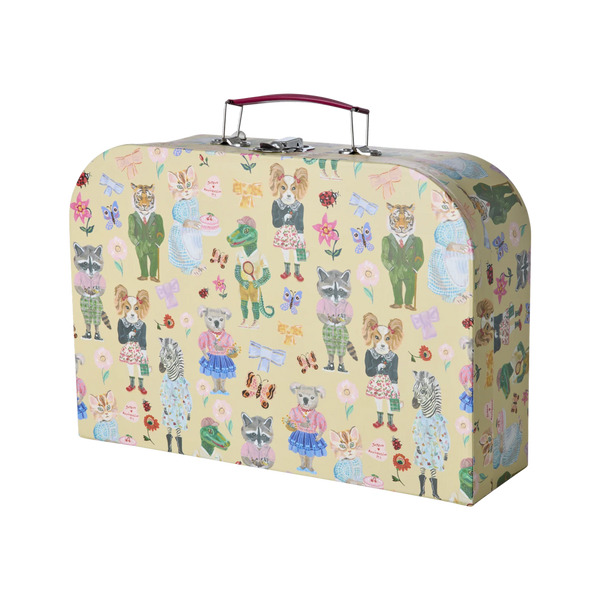 Vintage-style suitcase with animal pattern on a white background